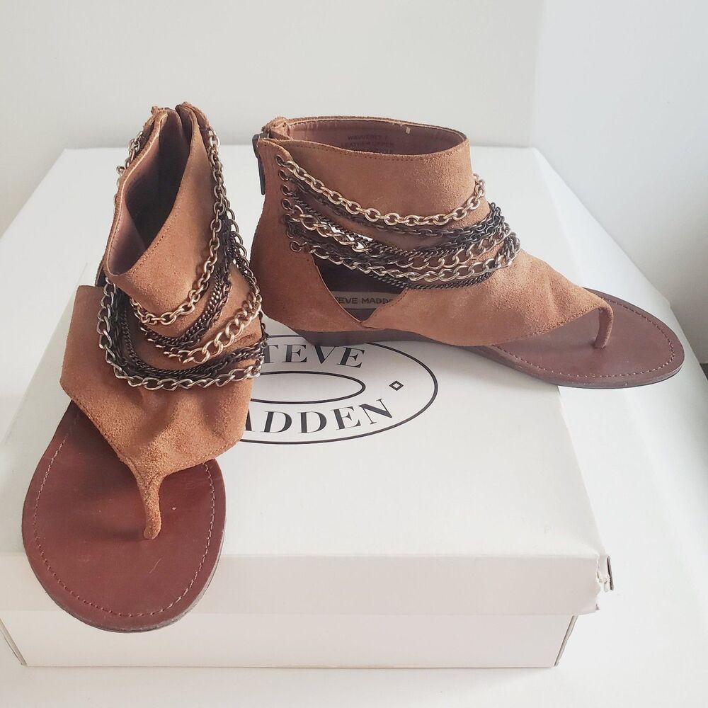Steve Madden Women’s Sandals Size 7 Brown Suede "Waverly" Chain Ankle Cuff Thong